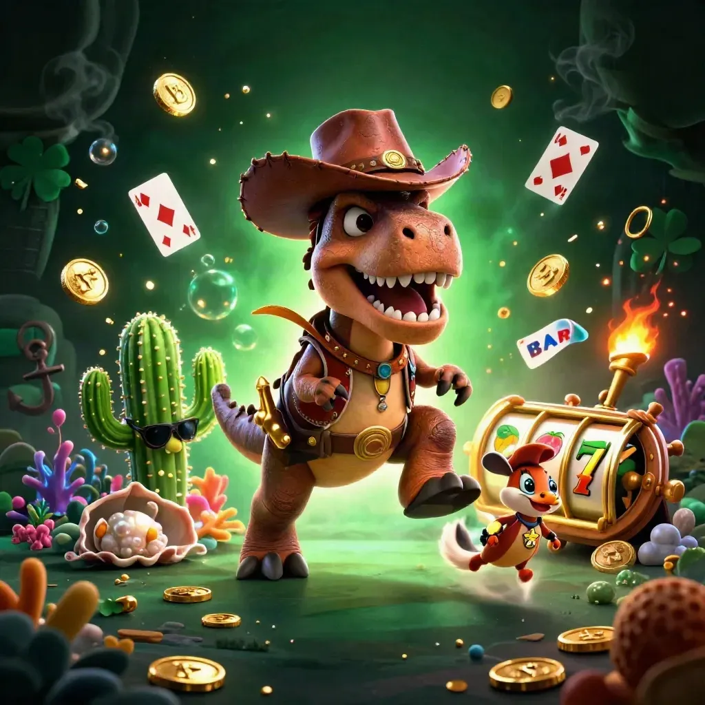 Cowboy T-Rex, cactus sidekick, and roadrunner in a neon treasure-cove casino scene