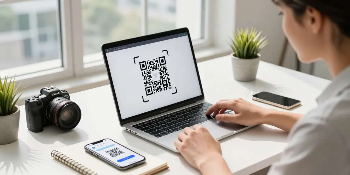 Efficient qr scanner in action on a laptop, scanning QR code in a modern workspace.