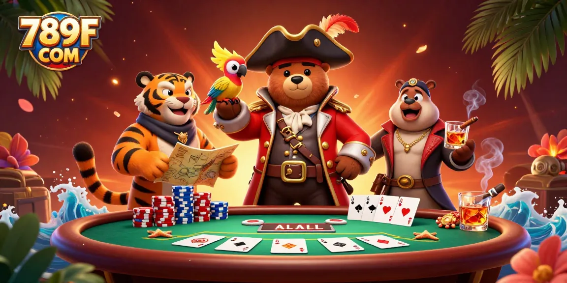 Experience thrilling poker action with characters in 789F COM's vibrant casino setting.