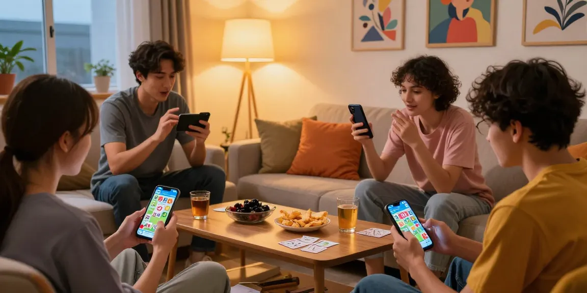 Play online card games in a lively living room with friends, enjoying the vibrant Card Rummy APK.