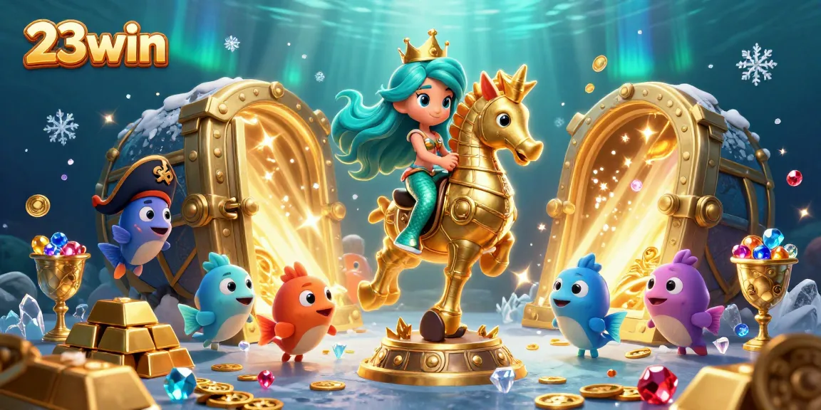Experience thrilling gaming with 23win's vibrant underwater casino scene featuring playful characters and rich treasures.