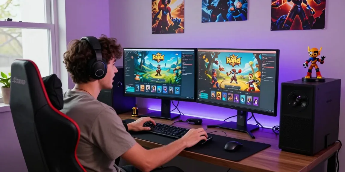 Engaged gamer using Raja Game login on dual monitors, vibrant gaming environment, energetic atmosphere.