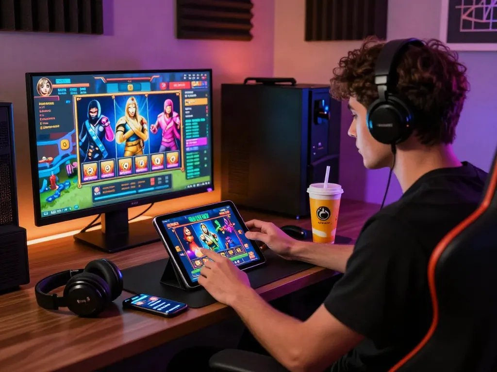 Gamer enjoying a vibrant rokok88 apk mobile slot game in a cozy gaming nook with tech accessories.