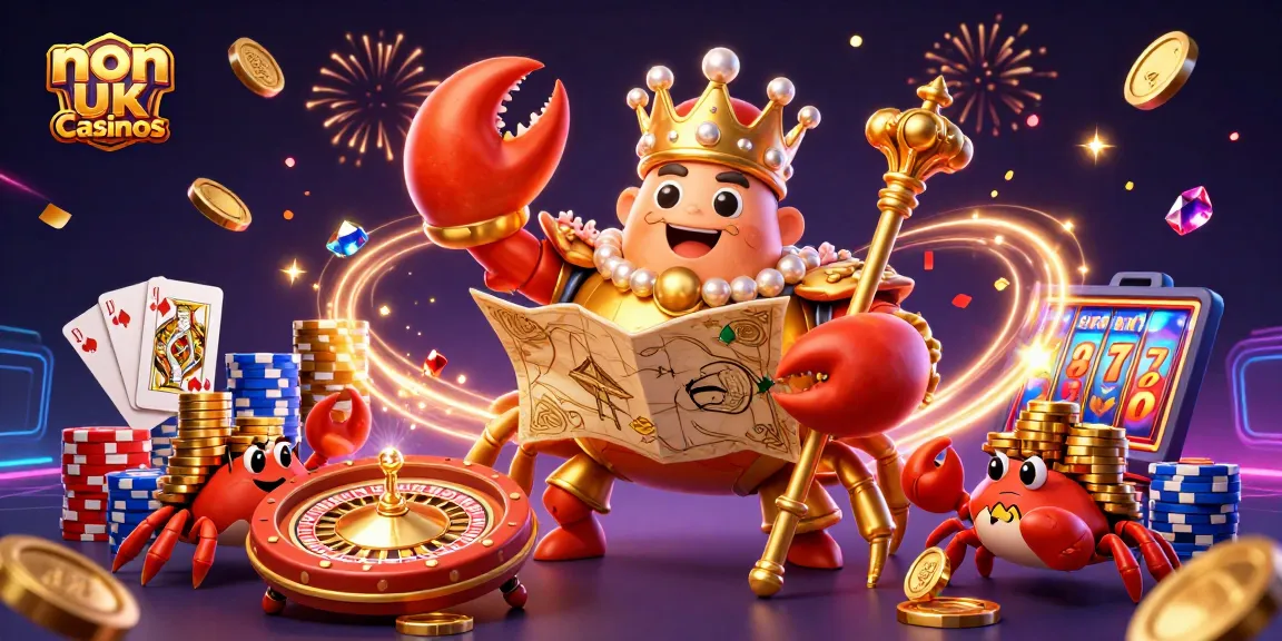 Engage with top non UK casinos featuring a golden crab emperor, treasures, and lavish casino elements.