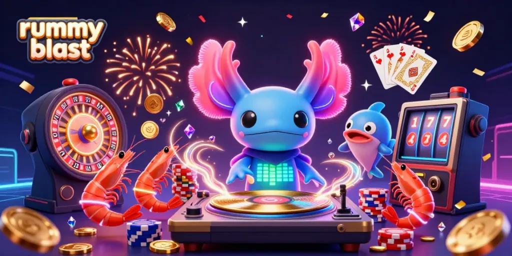 Experience the thrilling rummy blast excitement with vibrant characters and casino elements.
