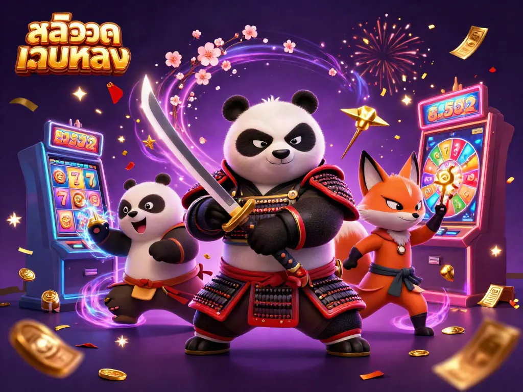 Engage with สล็อตเว็บตรง as a fierce samurai panda and ninja fox celebrate in vibrant casino atmosphere.