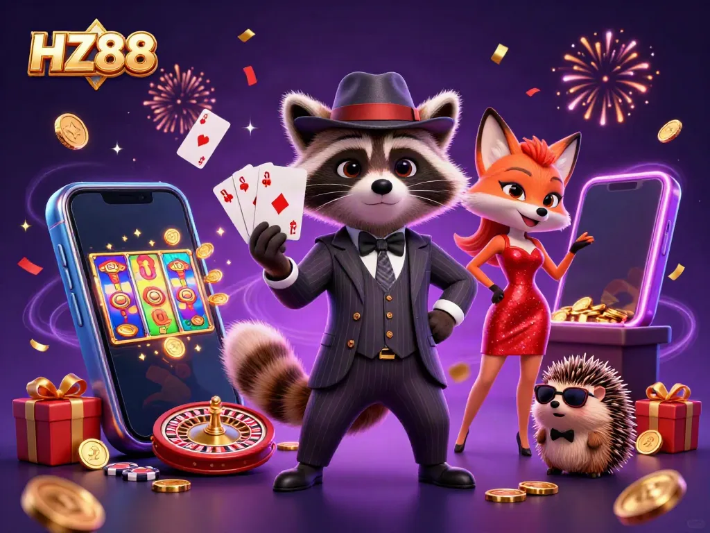 Experience HZ88 with cartoon characters playing cards and vibrant casino elements in a dynamic scene.