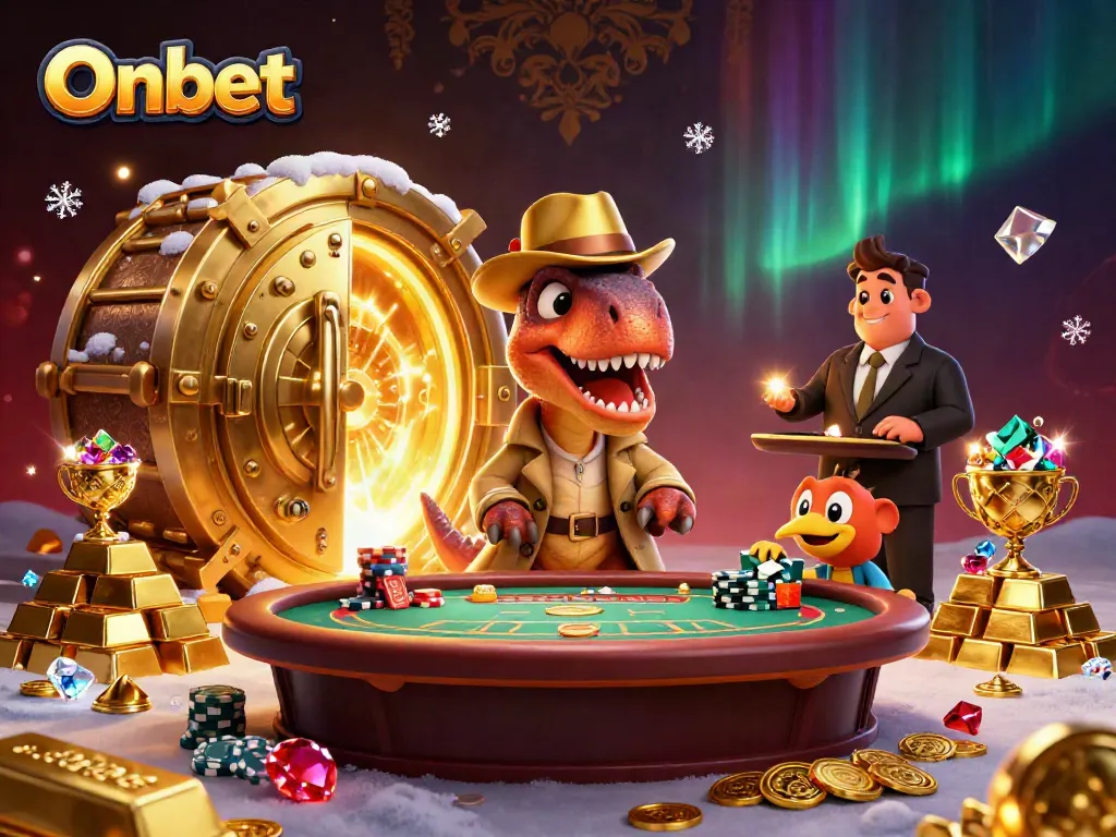 Onbet velociraptor card counter at a blackjack table, with treasure elements around in a dynamic casino scene.