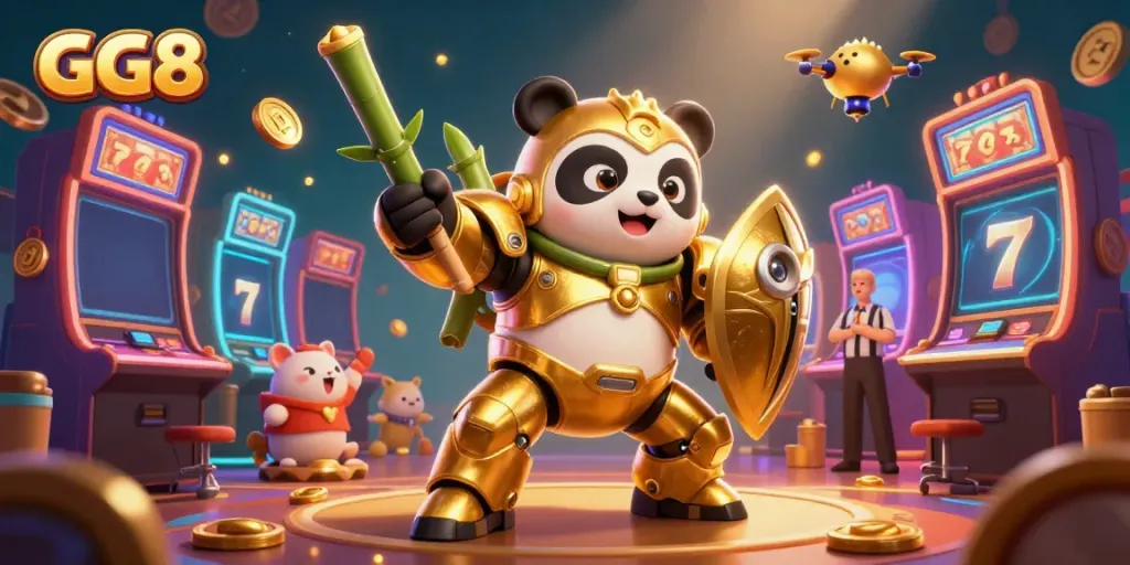 Experience the thrill of GG8 in a vibrant online casino with a golden panda hero and colorful slot machines.