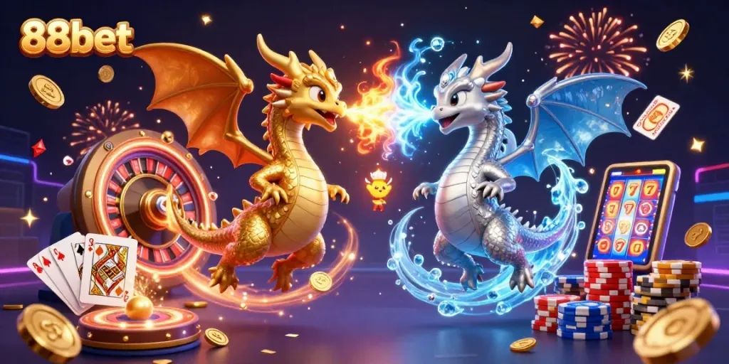 88bet offers thrilling gameplay with golden dragons, vibrant casino elements, and a festive atmosphere.