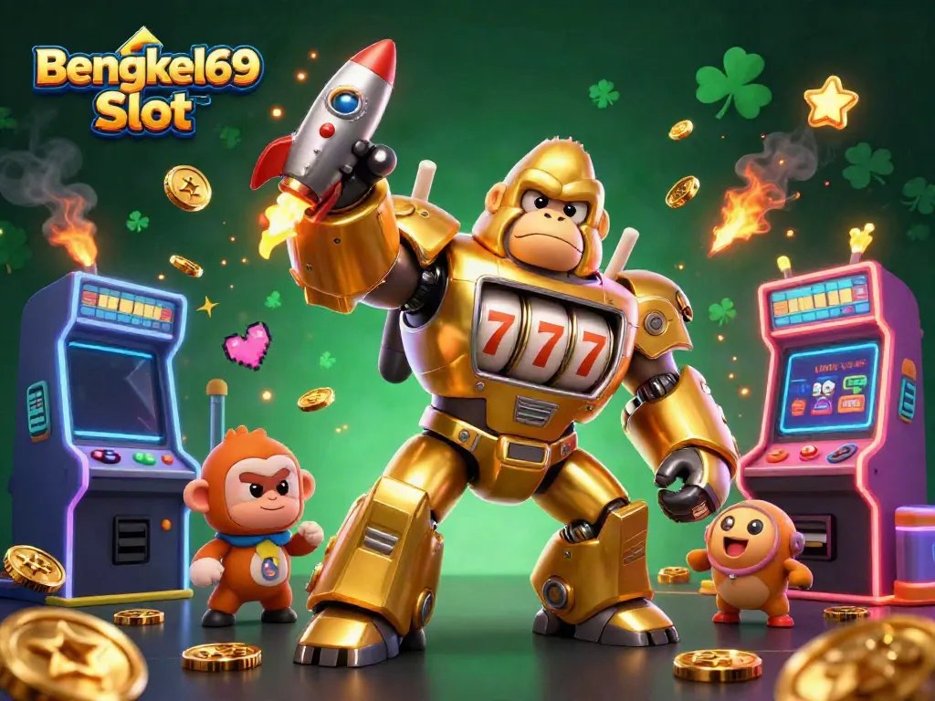Experience thrilling action with the Bengkel69 Slot golden gorilla mech, surrounded by vibrant gaming elements.