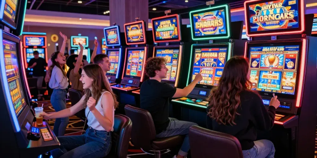 Group enjoying slot888 gaming experience in vibrant casino atmosphere.