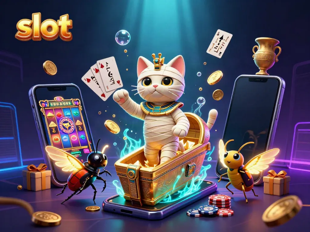 Engaging 3D scene of a slot-focused Egyptian mummy cat and scarab beetle amid casino elements.