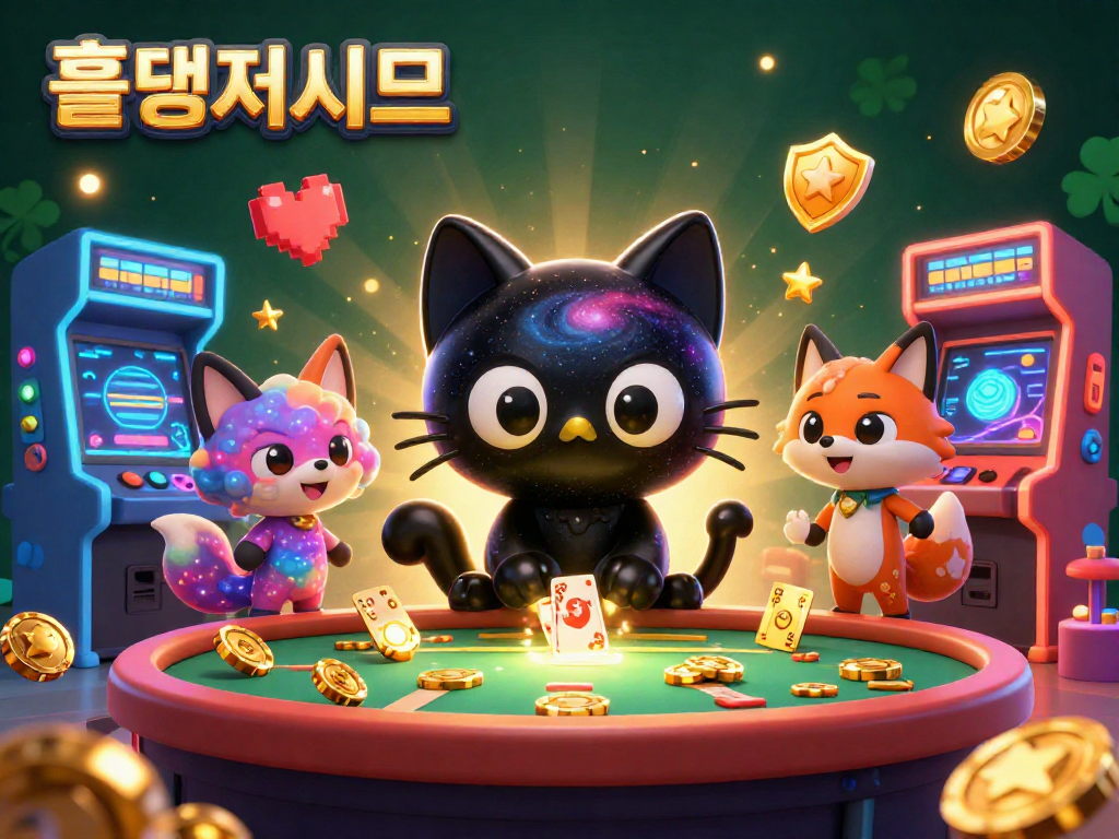홀덤사이트에서의 화려한 카지노 분위기를 체험하는 검은 구멍 고양이와 성운 여우의 일러스트