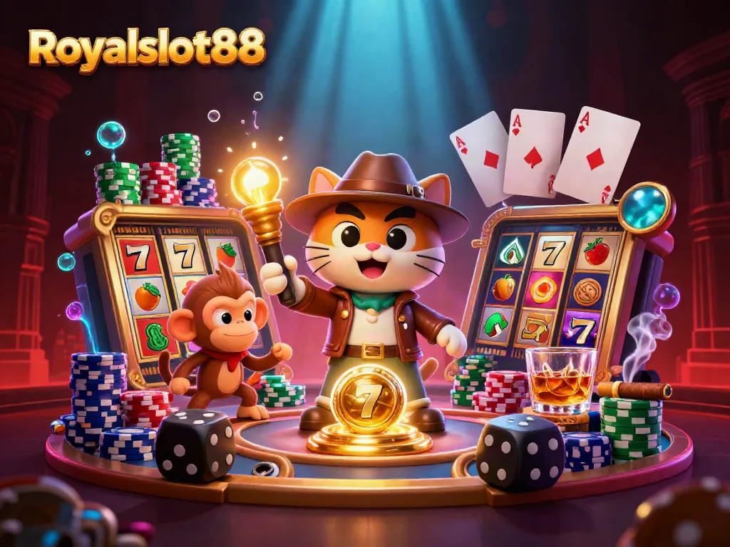 Permainan menegangkan di Royalslot88 dengan karakter kasino menelusuri artefak dalam suasana kuno.