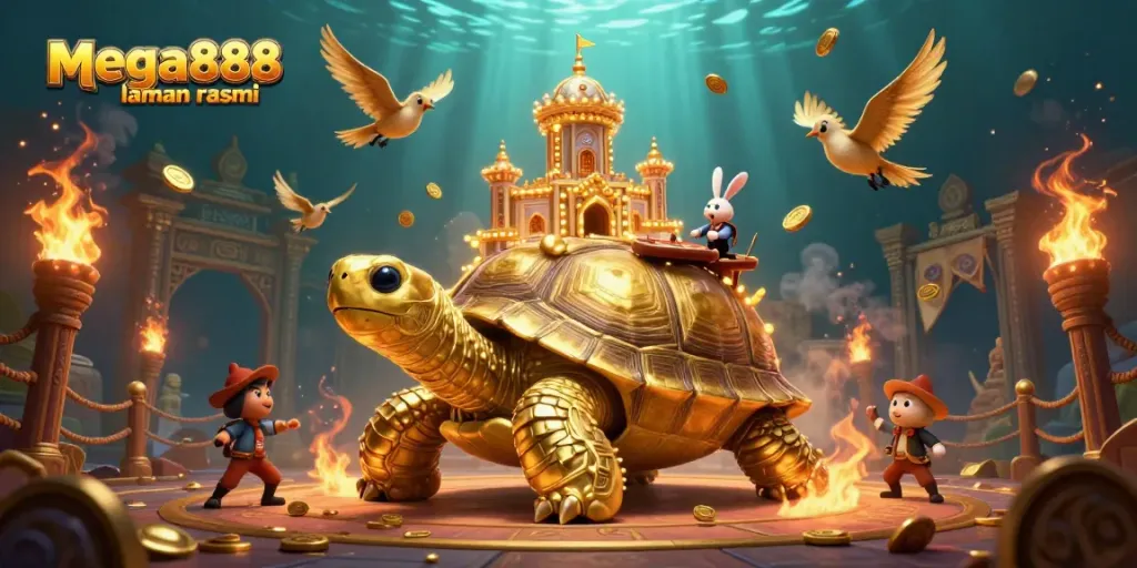 Experience mega888 laman rasmi with a vibrant casino scene featuring a golden tortoise, rabbit dealer, and coins.