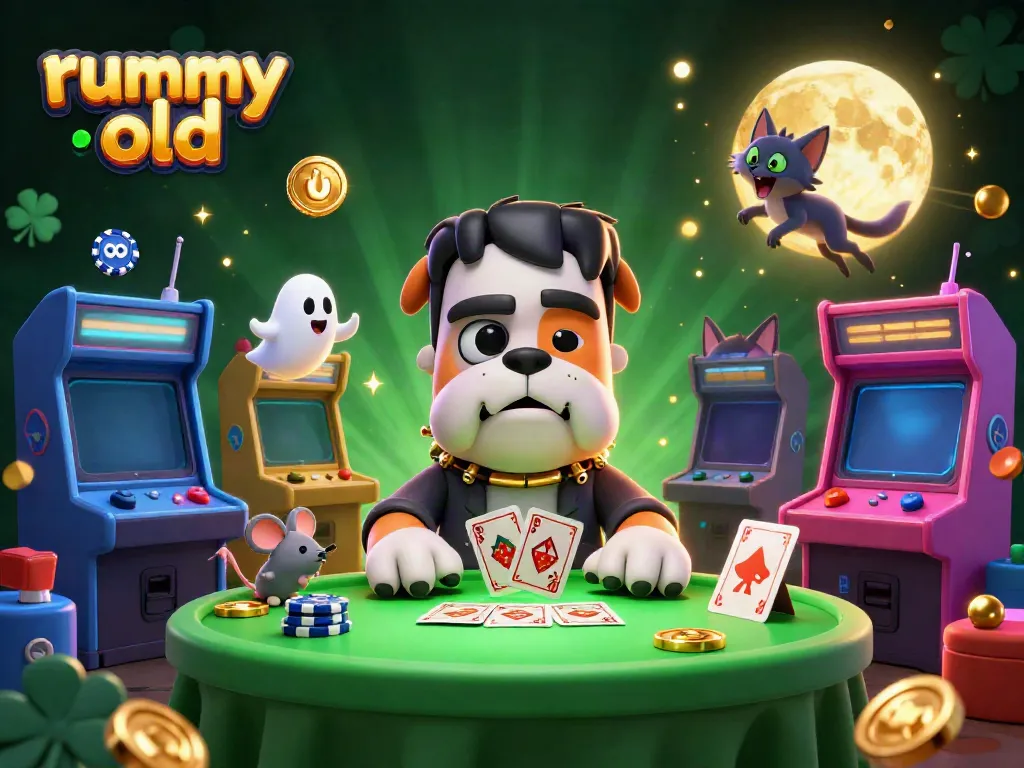 Permainan kartu Rummy Old yang menarik dengan karakter unik di meja hijau bercahaya.