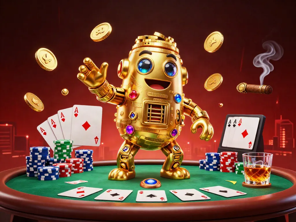 Experience the vibrant world of xoso66 with a golden golem amidst casino dynamics and rich poker elements.