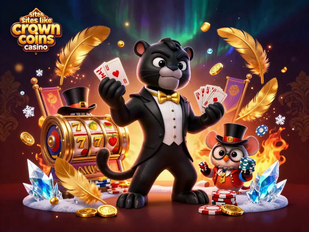 Play exciting games like Crown Coins Casino in this illustrated scene featuring playful characters and vibrant casino elements.