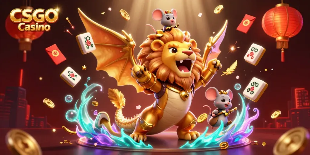 Experience thrilling gameplay at CSGO Casino with a mystical chimera and festive elements.
