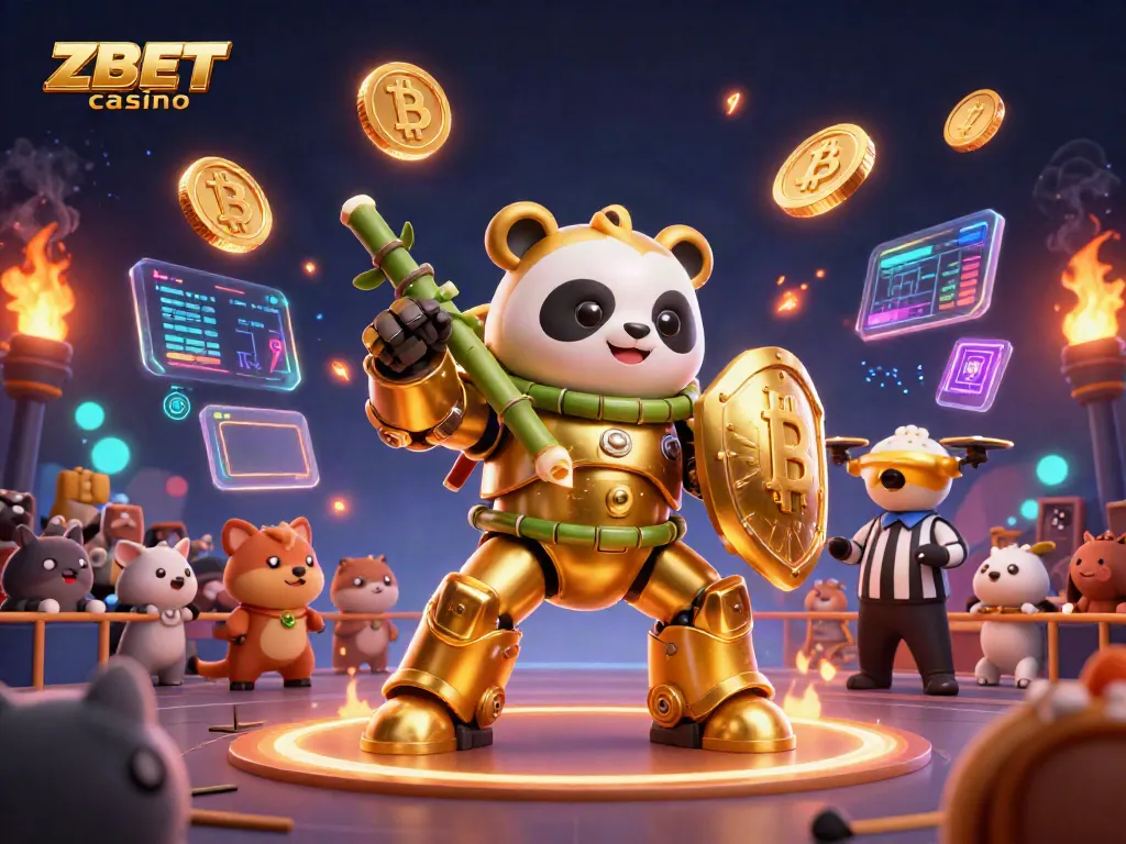 Engage in thrilling action at ZBET casino with a golden panda in mech-suit and floating crypto elements.