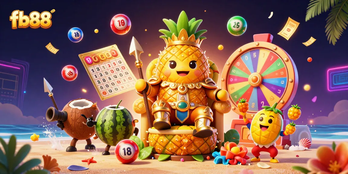 Experience dynamic fun at fb88 with lottery balls, a pineapple king, and vibrant casino elements.