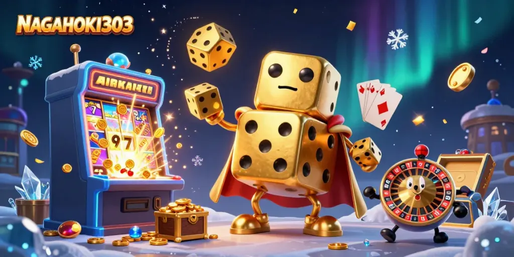 NAGAHOKI303 mempersembahkan ilustrasi slot dan dadu emas yang menggembirakan