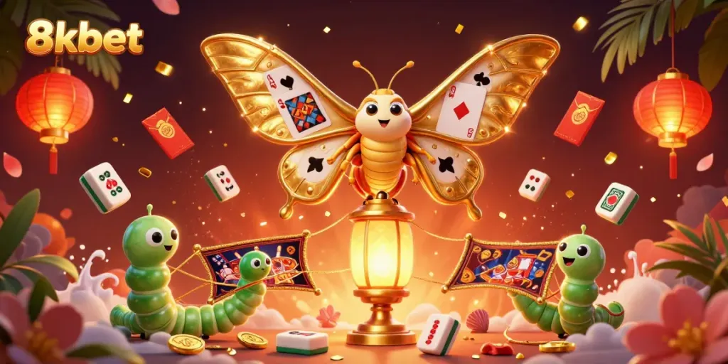 Experience the thrill of 8kbet with vibrant casino-themed 3D illustration featuring an atlas moth and golden elements.