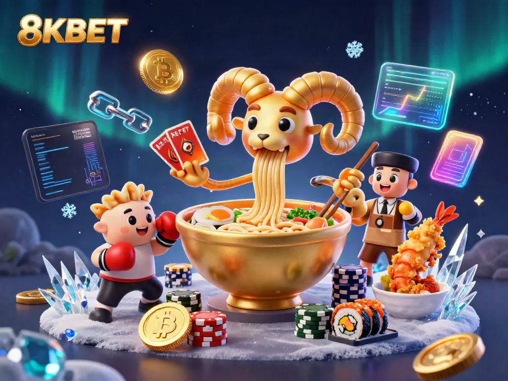 Experience the vibrant world of 8KBET with a golden ramen bowl and quirky characters in a casino-themed scene.