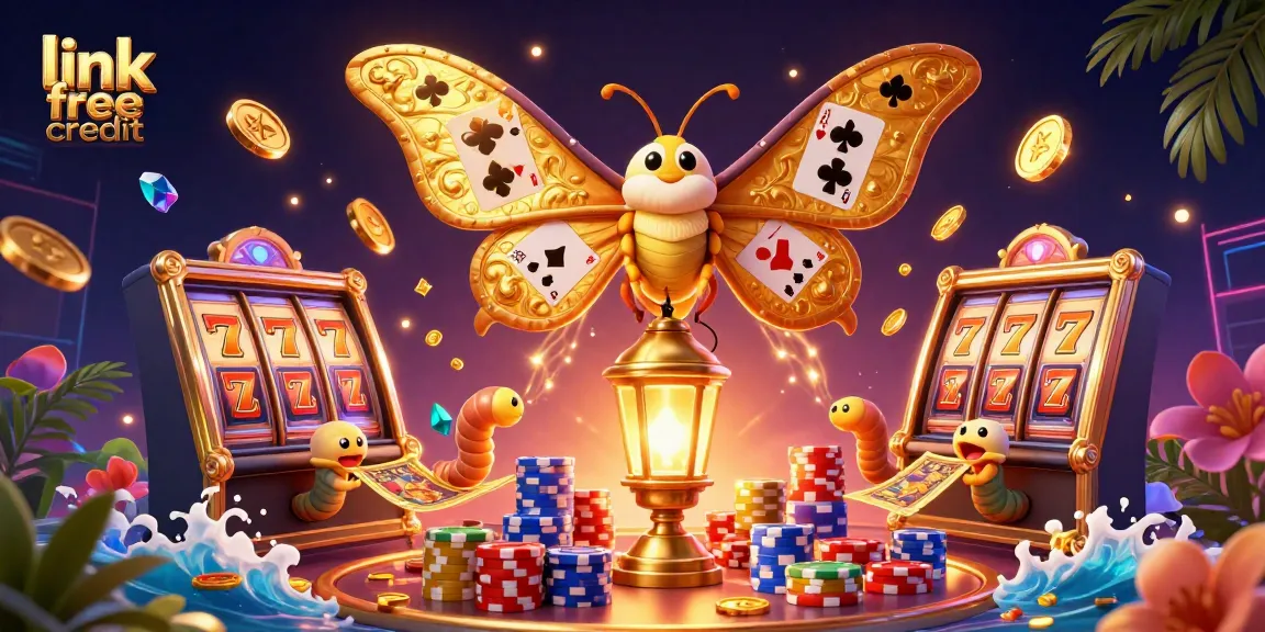 Claim link free credit with a vibrant casino scene featuring lucky slot machines and golden coins.