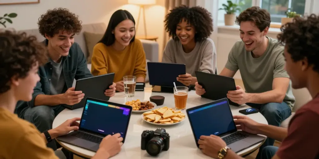Young adults enjoying Yono Games on smartphones in a cozy living room.