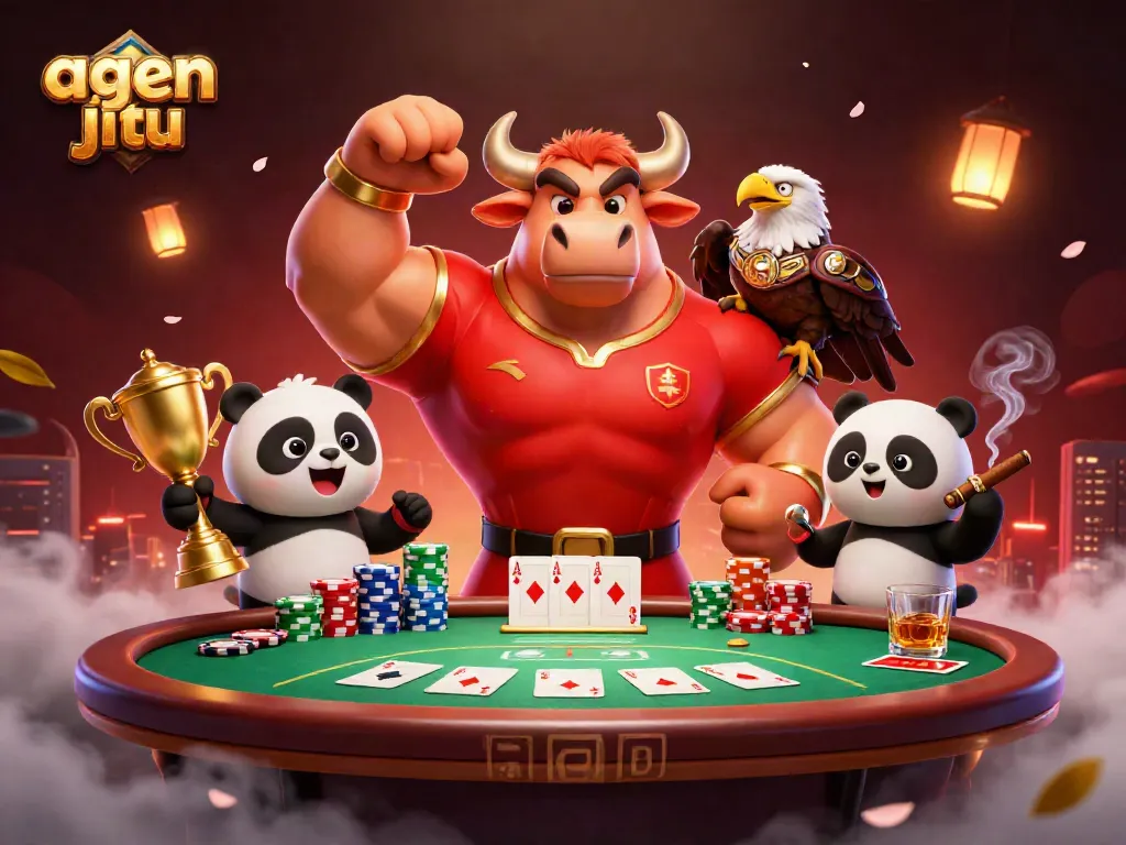 ajakan agen jitu dalam suasana kemenangan dengan singa, panda, dan meja poker