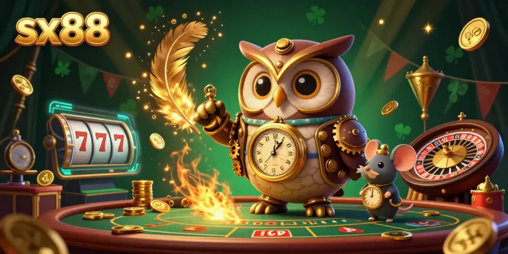 Engage in the exciting experience at sx88 with an ornate 3D casino illustration emphasizing steampunk elements and vibrant gaming action.