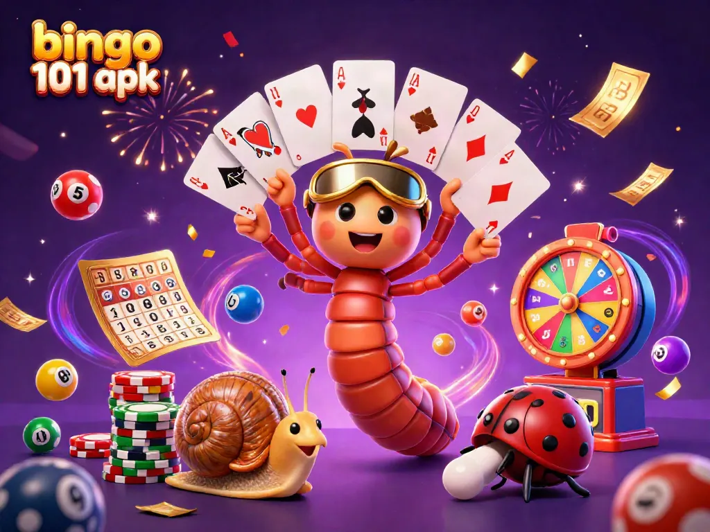 Menangkan hadiah dengan Bingo 101 APK dalam ilustrasi kasino yang meriah dan interaktif.