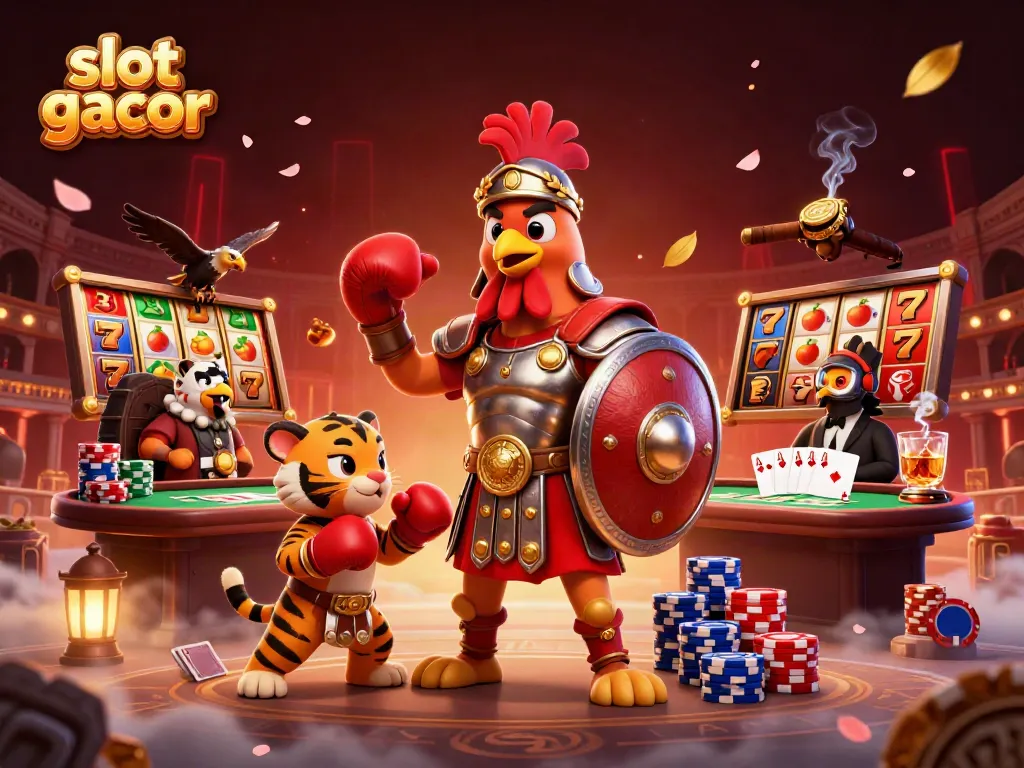 Engage with slot gacor in a vibrant arena scene showcasing a rooster, tiger cub and eagle.