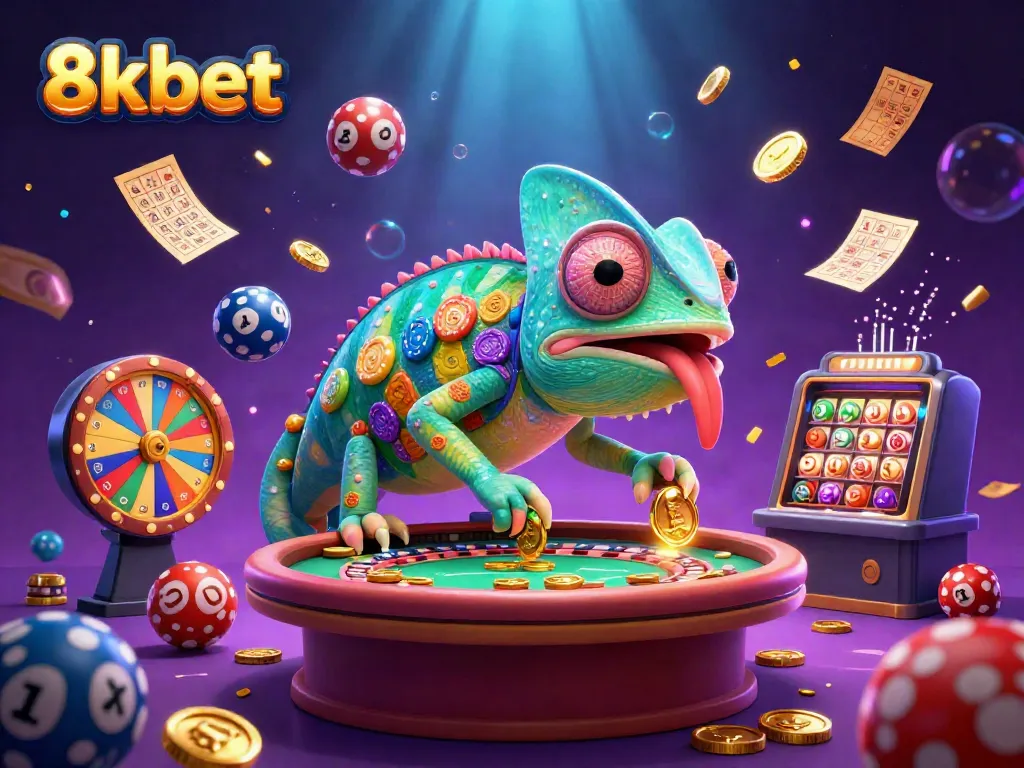 Experience excitement with 8kbet as a chameleon owner collects coins amidst vibrant casino elements.