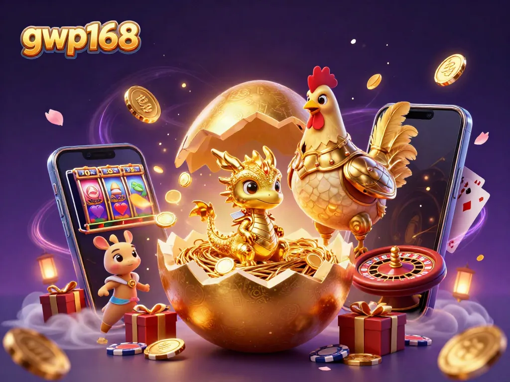 Permainan menarik di GWP168, telur emas pecah membentuk naga kristal di tumpukan chip poker.