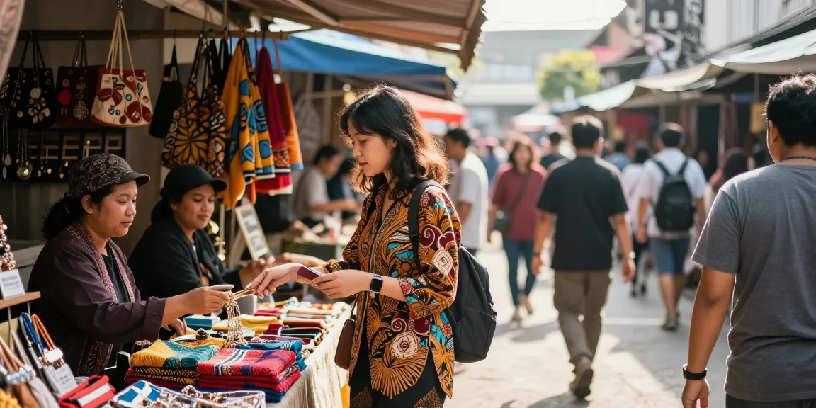 BATIK88 tampil menawan di pasar jalanan yang cerah, wanita muda mengenakan pakaian batik dan dikelilingi pelaan.