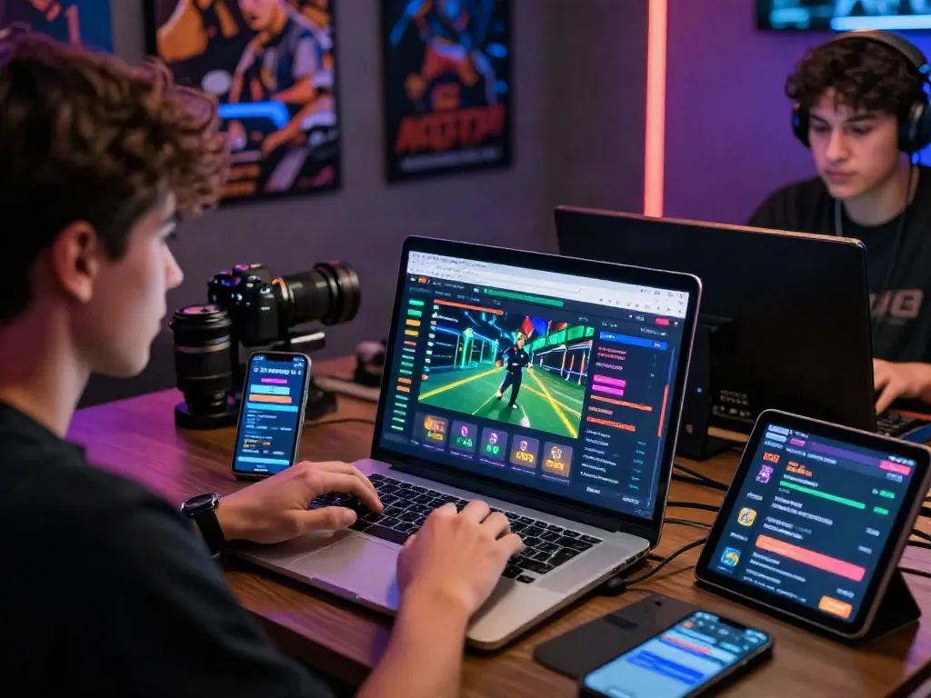 Pengguna 7meter login di komputer dengan suasana taruhan yang energik dan teman-teman berdiskusi.