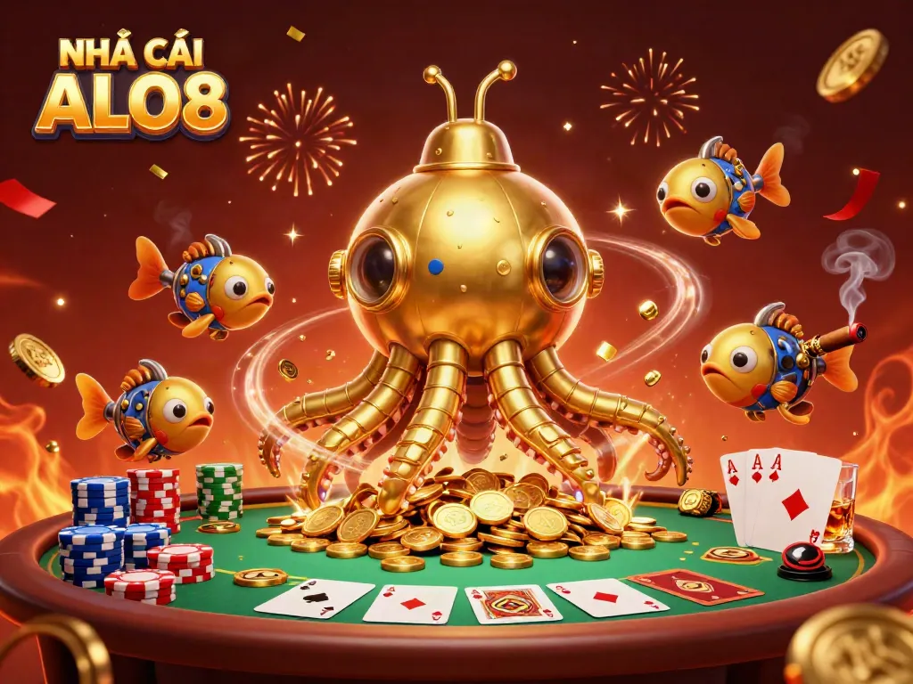 Join the thrilling world of NHÀ CÁI ALO8, where golden kraken submarines dive into vibrant poker scenes.