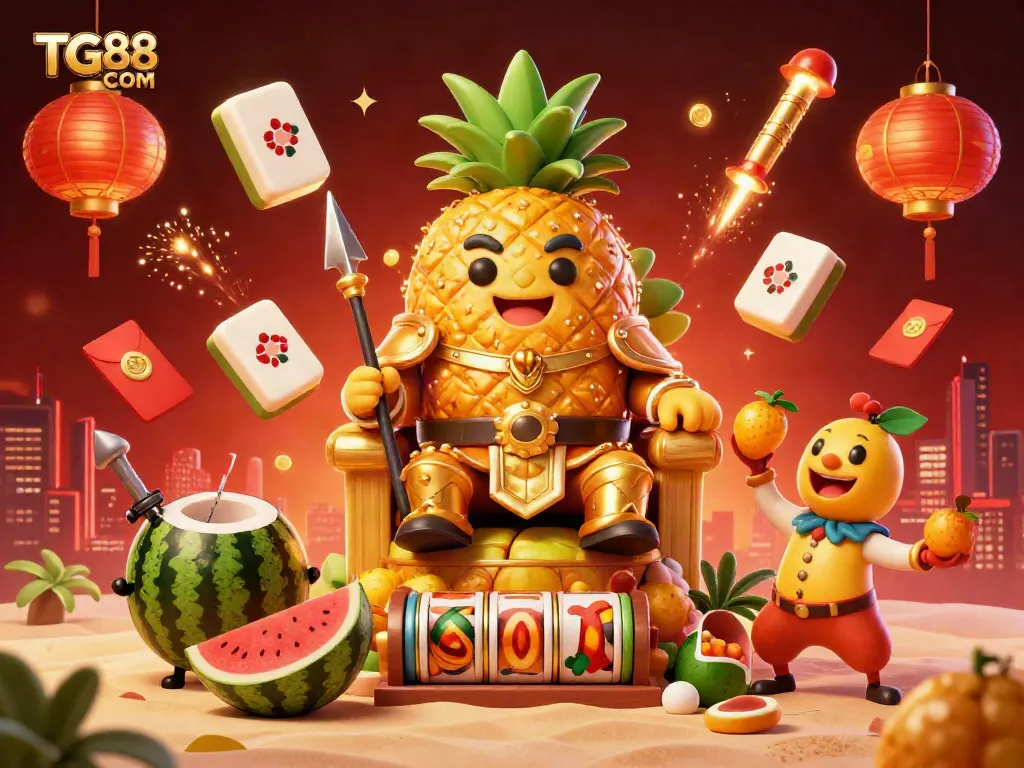Immerse in the dynamic gaming world of TG88 COM with vibrant characters and lively elements in a tropical casino.