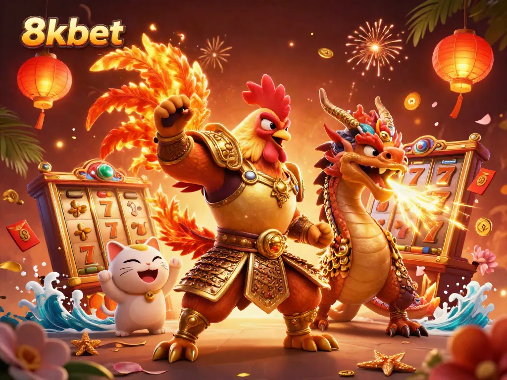 Engage with thrilling 8xbet gameplay featuring a rooster warrior and dragon in a dynamic casino setting.