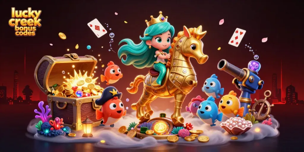 Experience winning with lucky creek bonus codes in this vibrant 3D casino scene filled with treasures.