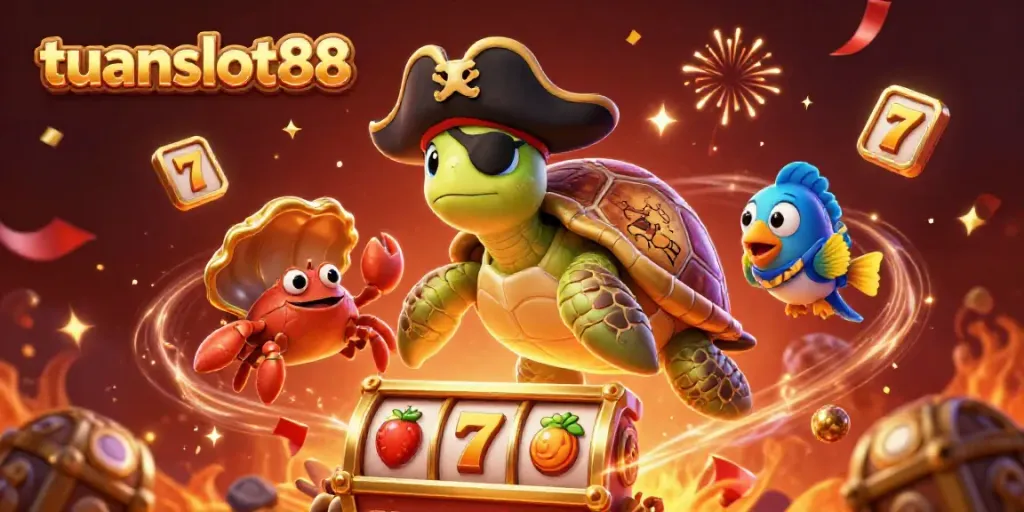 Ilustrasi 3D yang menampilkan tuanslot88 dengan karakter kura-kura bajak laut dan elemen slot mesin dengan simbol keberuntungan.