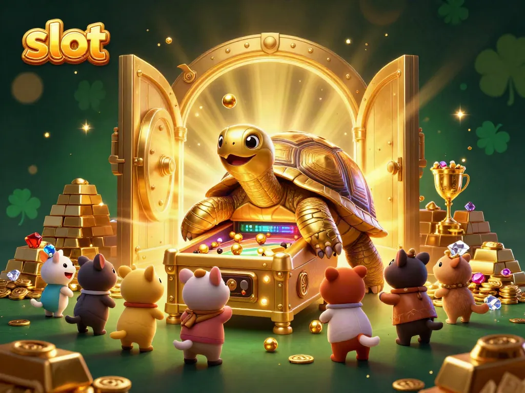 Experience the thrill of slot games with our dazzling golden tortoise and treasure-filled scene.