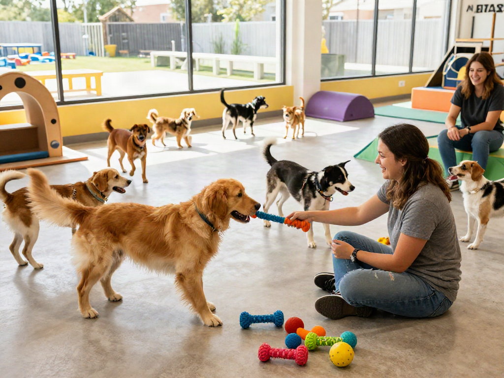 Dogs engaging in playful activities at a lively daycare featuring the slot 10k experience