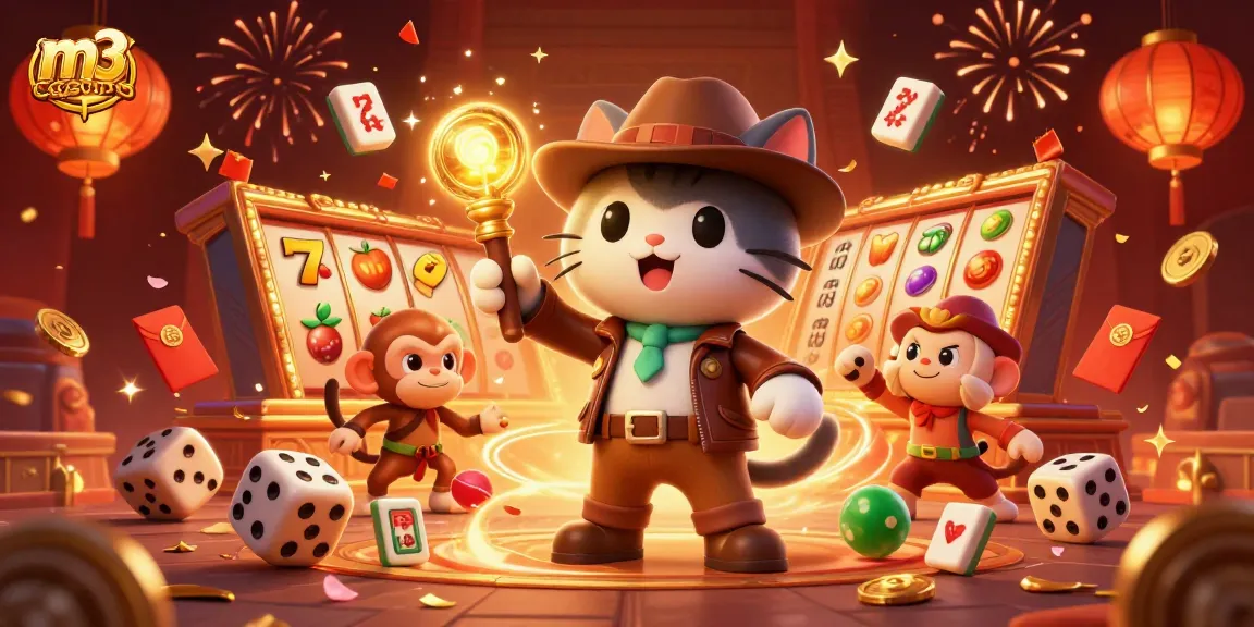 Experience thrilling adventures at m3 casino, featuring dynamic slot symbols and festive elements.