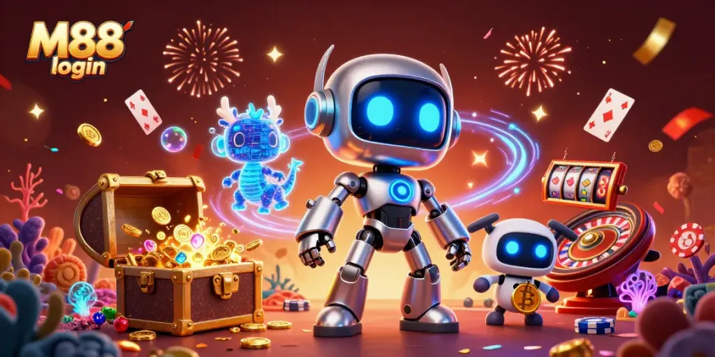 Engage with M88 login for immersive gaming while celebrating with digital characters and casino elements.