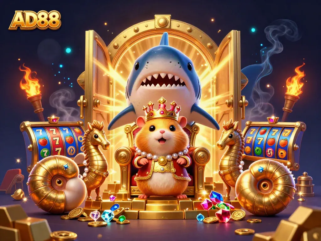 Experience AD88's thrilling casino atmosphere with a fierce hamster king on a shark throne.