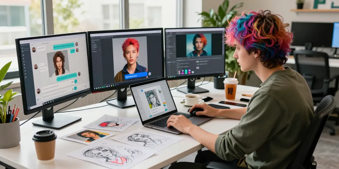 Creating dynamic NSFW AI content in a vibrant digital workspace with creative professionals and advanced technology.